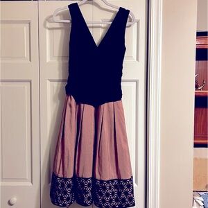 S.L. Fashions Beautiful Black and Pink Dress - Ruched Waist, Embroidered- Size 8